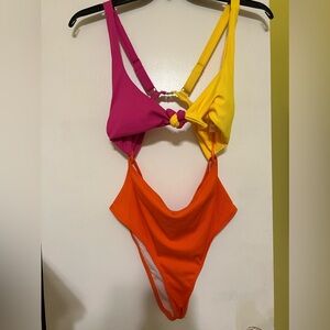 Cutout bathing suit hot pink, yellow, and orange
